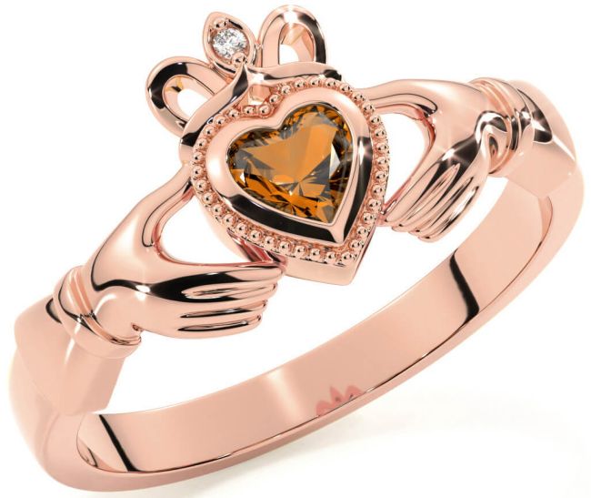 Diamond Citrine Rose Gold Silver Claddagh Ring