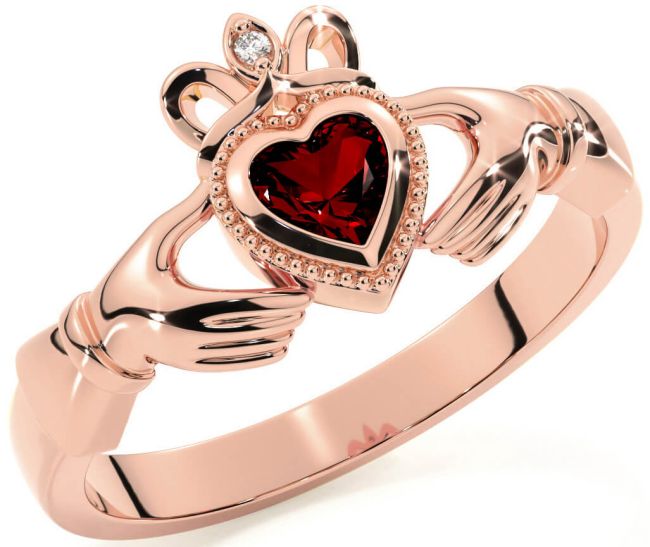 Diamond Garnet Rose Gold Silver Claddagh Ring