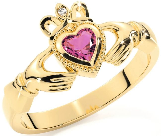 Diamond Pink Tourmaline Gold Silver Claddagh Ring