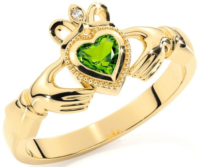 Diamond Peridot Gold Silver Claddagh Ring