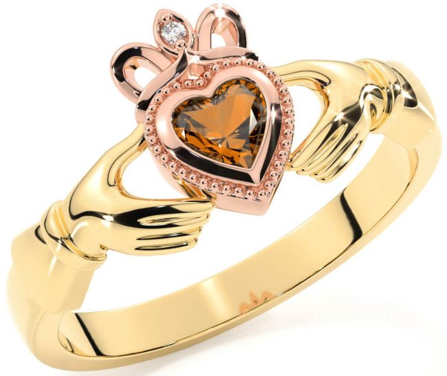 Diamond Citrine Rose Yellow Gold & Silver Claddagh Ring