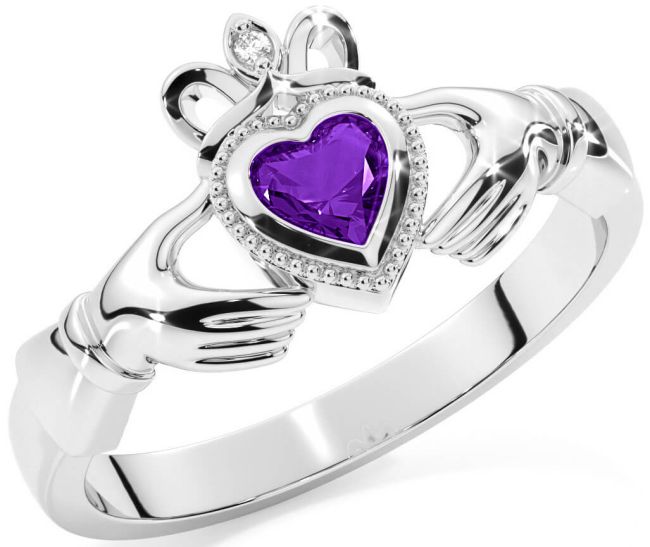 Diamond Amethyst Silver Claddagh Ring