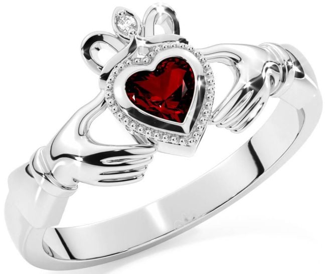 Diamond Garnet Silver Claddagh Ring