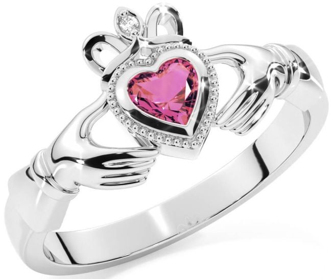 Diamond Pink Tourmaline Silver Claddagh Ring