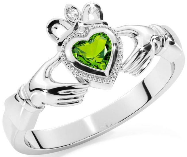 Diamond Peridot Silver Claddagh Ring