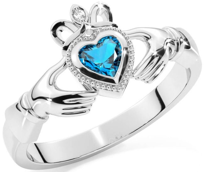 Diamond Topaz Silver Claddagh Ring