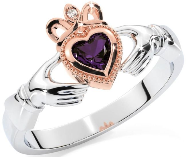 Diamante Alexandrite Rosa Ouro Prata Claddagh Anel