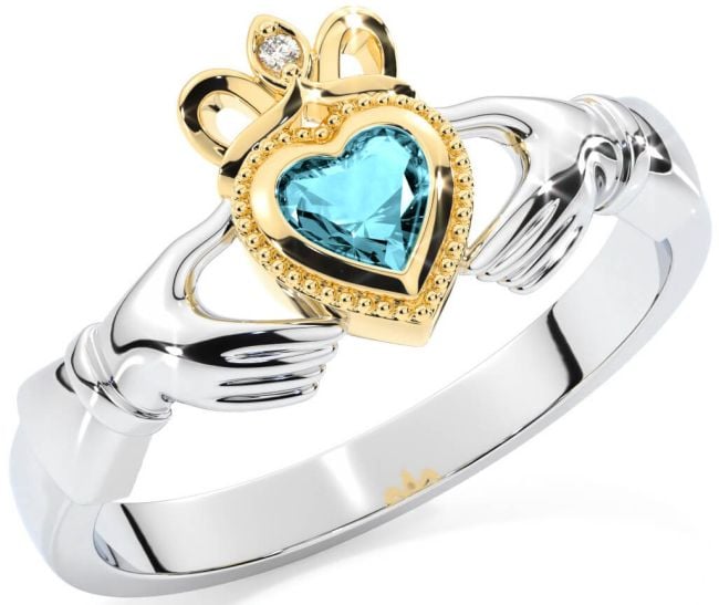 Diamond Aquamarine Gold Silver Claddagh Ring