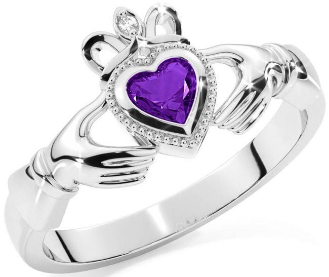 Diamond Amethyst White Gold Claddagh Ring