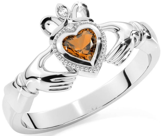 Diamond Citrine White Gold Claddagh Ring