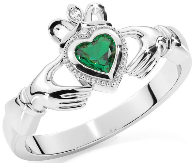 Diamond Emerald White Gold Claddagh Ring