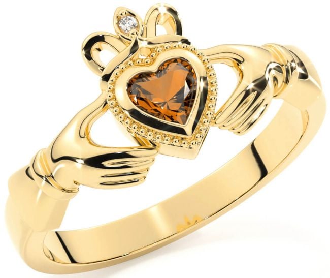 Diamond Citrine Gold Claddagh Ring