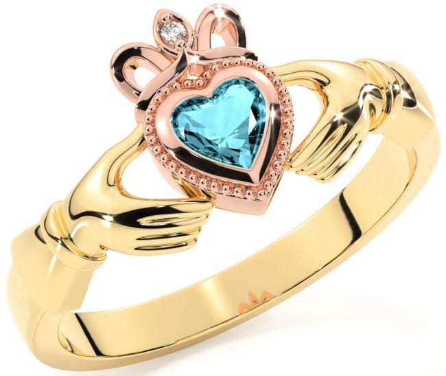 Diamond Aquamarine Rose Yellow Gold Claddagh Ring