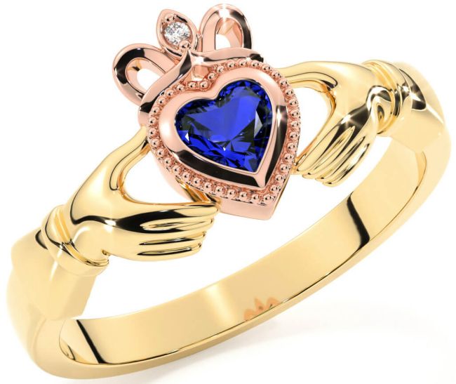 Diamond Sapphire Rose Yellow Gold Claddagh Ring