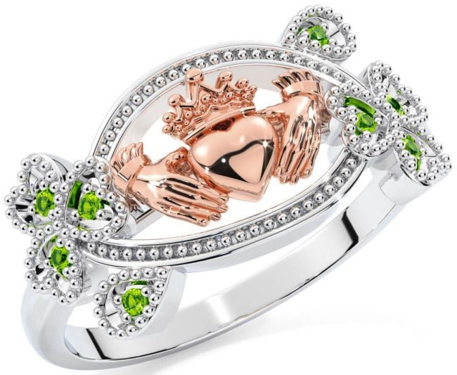 Peridot Rose Gold Silver Claddagh Shamrock Ring