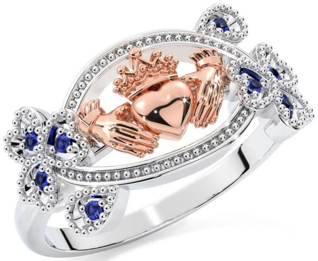 Sapphire Rose Gold Silver Claddagh Shamrock Ring