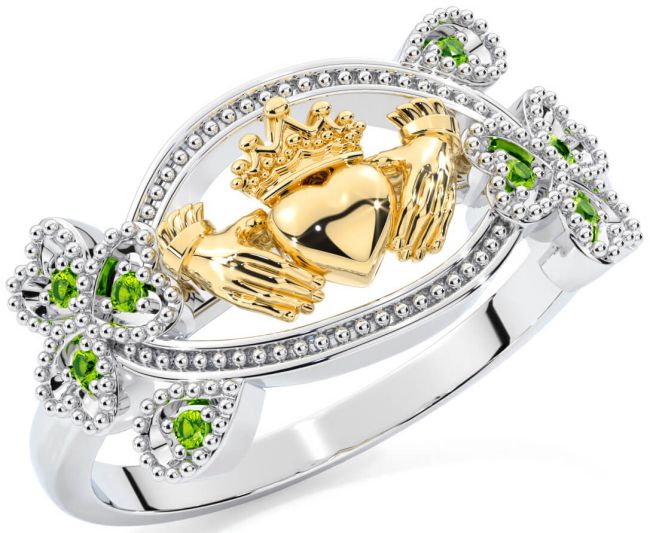 Peridot Gold Silver Claddagh Shamrock Ring