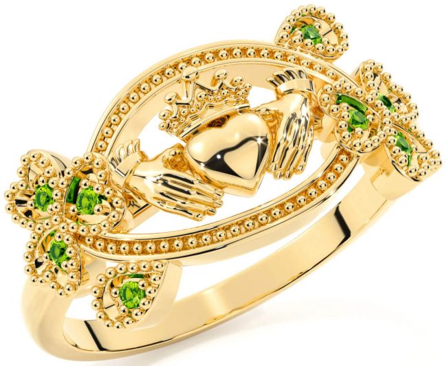 Peridot Gold Silver Claddagh Shamrock Ring