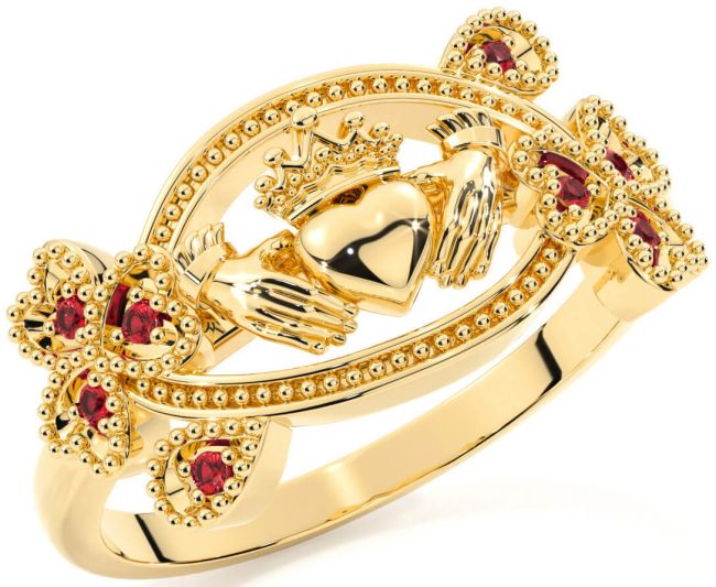 Ruby Gold Silver Claddagh Shamrock Ring