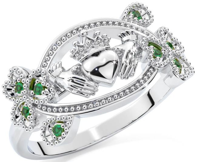 Emerald Silver Claddagh Shamrock Ring