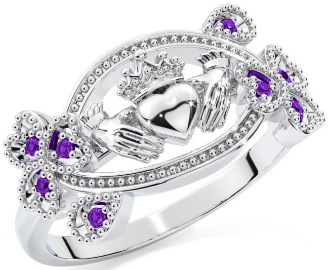 Amethyst White Gold Claddagh Shamrock Ring