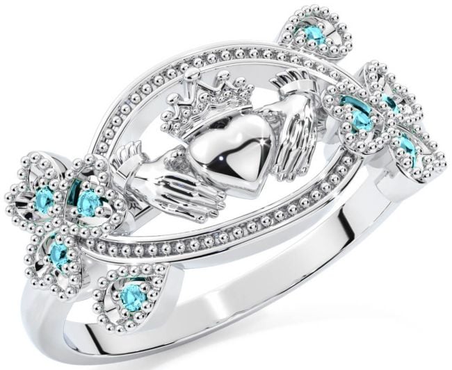 Aquamarine White Gold Claddagh Shamrock Ring