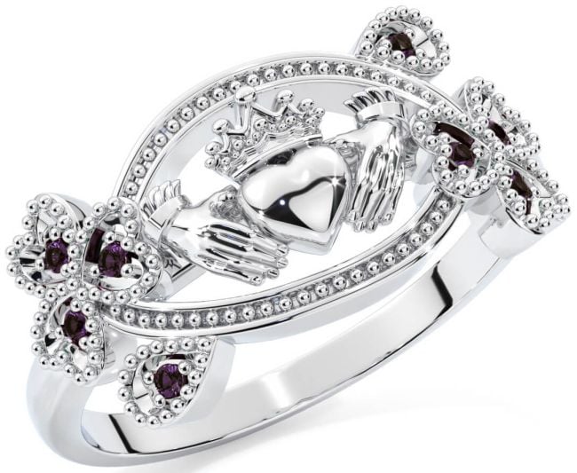 Alexandrite White Gold Claddagh Shamrock Ring