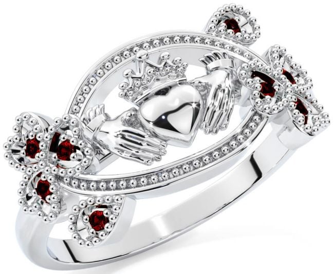 Garnet White Gold Claddagh Shamrock Ring