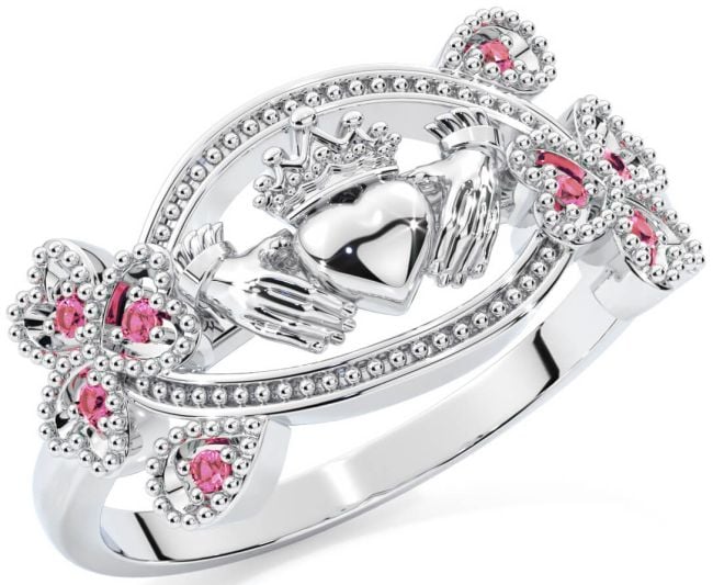 Pink Tourmaline White Gold Claddagh Shamrock Ring