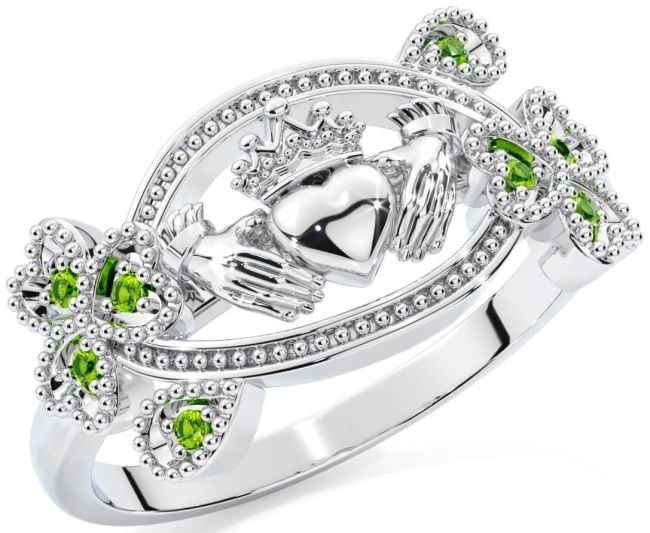 Peridot White Gold Claddagh Shamrock Ring