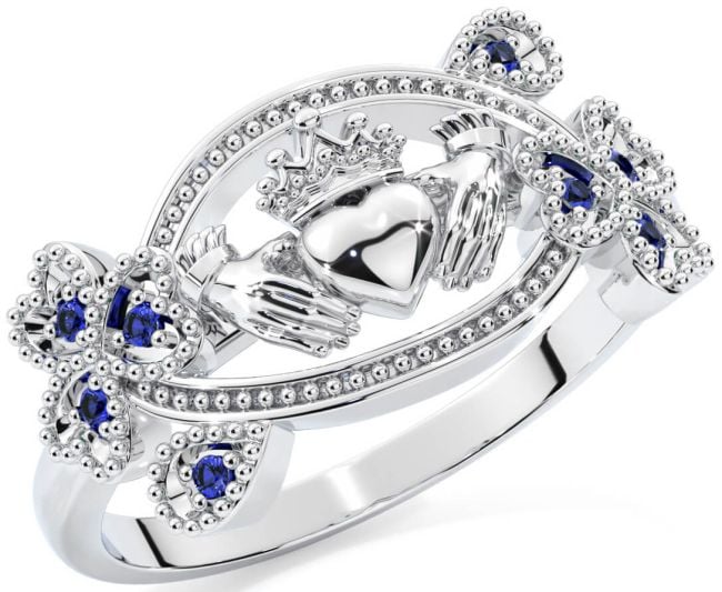 Sapphire White Gold Claddagh Shamrock Ring