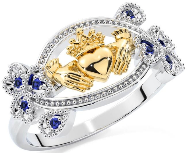 Sapphire White Yellow Gold Claddagh Shamrock Ring