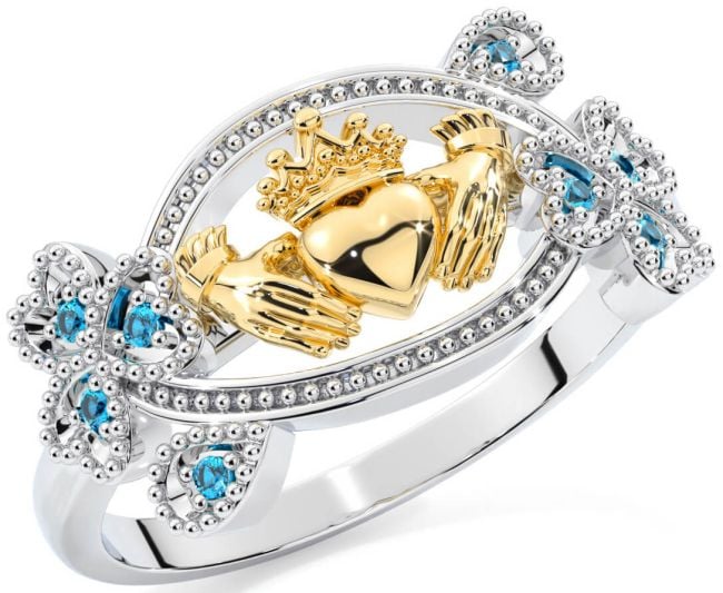 Topaz White Yellow Gold Claddagh Shamrock Ring