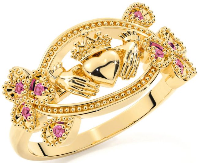 Pink Tourmaline Gold Claddagh Shamrock Ring