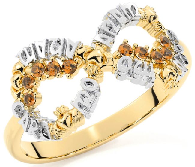 Citrine White Yellow Gold Claddagh Infinity Irish 