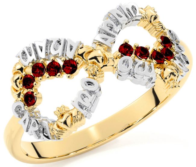 Garnet White Yellow Gold Claddagh Infinity Irish 