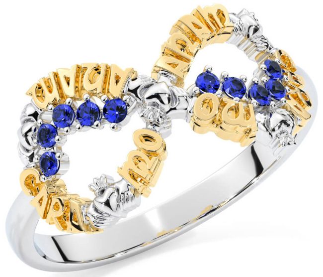 Sapphire White Yellow Gold Claddagh Infinity Irish 