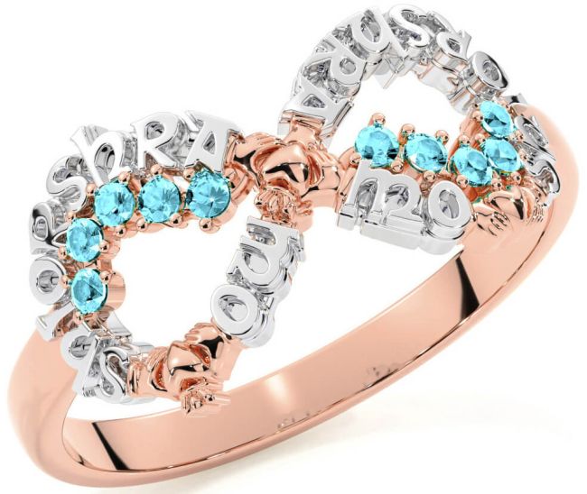 Aquamarine White Rose Gold Claddagh Infinity Irish 