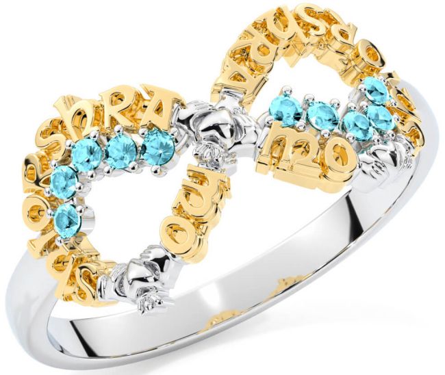 Aquamarine White Yellow Gold Claddagh Infinity Irish 
