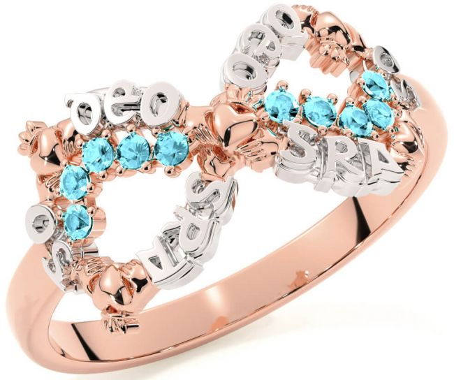 Aquamarine White Rose Gold Claddagh Infinity Irish 