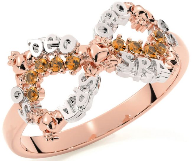 Citrine White Rose Gold Claddagh Infinity Irish 