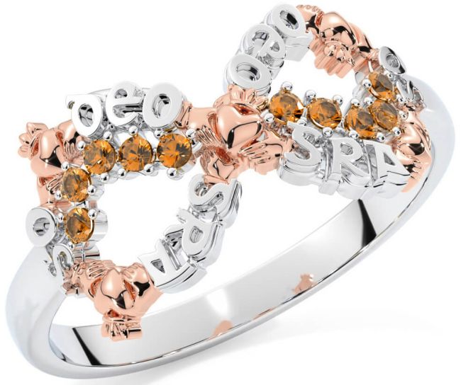 Citrine White Rose Gold Claddagh Infinity Irish 
