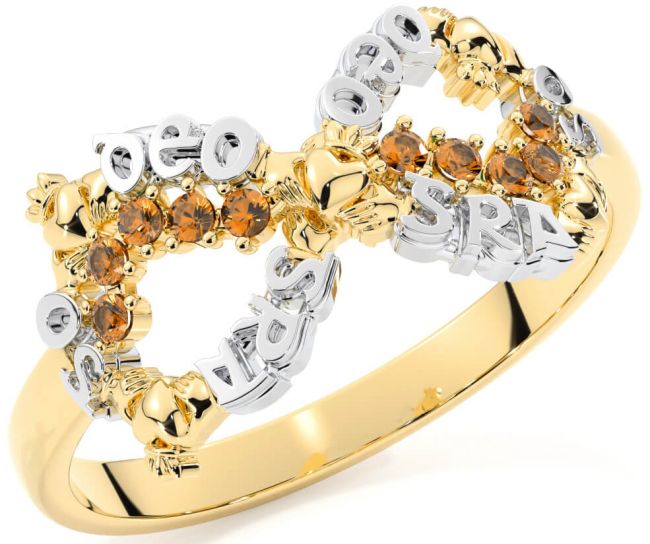 Citrine White Yellow Gold Claddagh Infinity Irish 
