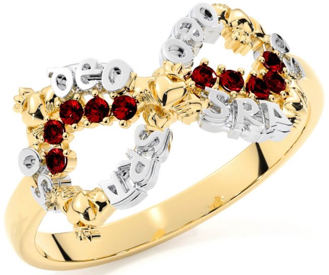 Garnet White Yellow Gold Claddagh Infinity Irish 