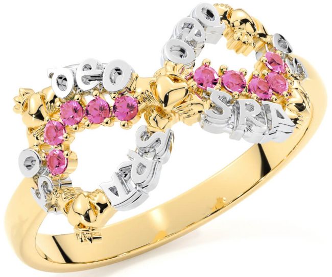 Pink Tourmaline White Yellow Gold Claddagh Infinity Irish 