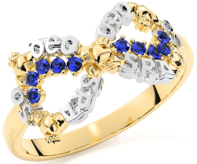 Sapphire White Yellow Gold Claddagh Infinity Irish 