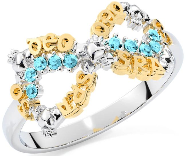 Aquamarine White Yellow Gold Claddagh Infinity Irish 