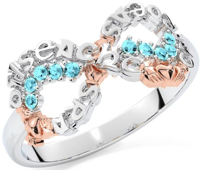 Aquamarine White Rose Gold Claddagh Infinity Irish 