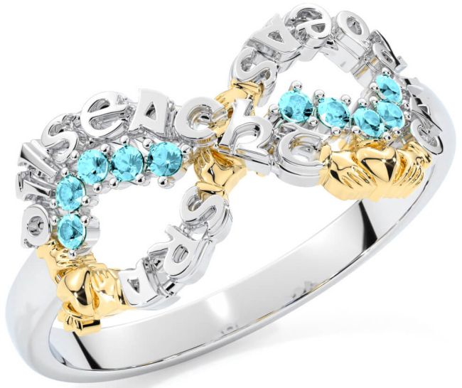Aquamarine White Yellow Gold Claddagh Infinity Irish 