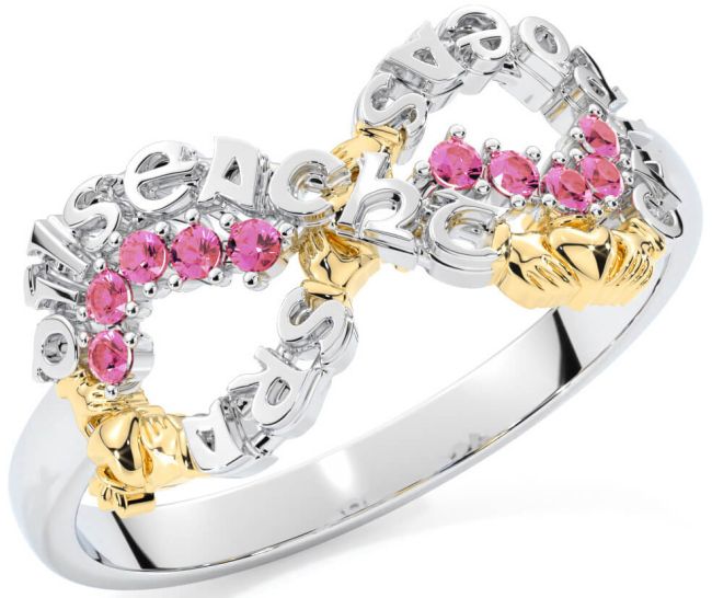 Pink Tourmaline White Yellow Gold Claddagh Infinity Irish 